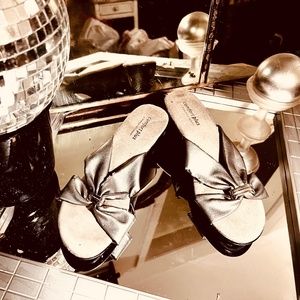 Silver mule wedge slippers